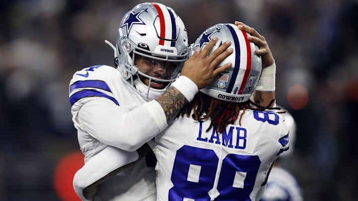 Dallas Cowboys wide receiver CeeDee Lamb is congratulated by Dak Prescott after a touchdown against the Indianapolis Colts 