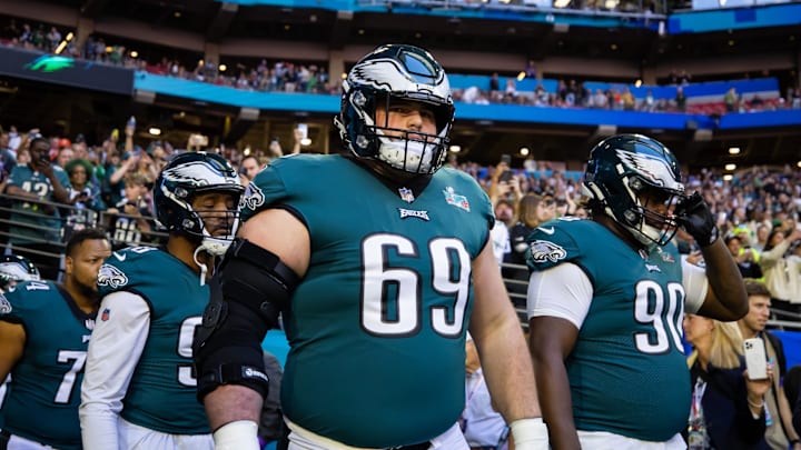 Philadelphia Eagles guard Landon Dickerson against the Kansas City Chiefs during Super Bowl LVII at State Farm Stadium. Philadelphia Eagles guard Landon Dickerson against the Kansas City Chiefs during Super Bowl LVII at State Farm Stadium.