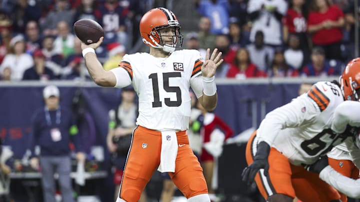 Dec 24, 2023; Houston, Texas, USA; Cleveland Browns quarterback Joe Flacco (15) attempts a pass during the first quarter against the Houston Texans at NRG Stadium. Mandatory Credit: Troy Taormina-Imagn Images