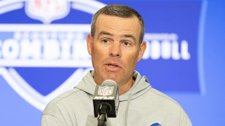 Feb 27, 2024; Indianapolis, IN, USA; Buffalo Bills general manager Brandon Beane talks to the media at the 2024 NFL Combine at Indiana Convention Center