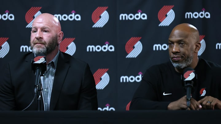 Apr 13, 2025; Portland, Oregon, USA; Portland Trail Blazers general manager Joe Cronin (left) and Trail Blazers’ head coach Chauncey Billups field questions from the working press before Portland plays their last season game against Los Angeles Lakers at Moda Center. Mandatory Credit: Jaime Valdez-Imagn Images Apr 13, 2025; Portland, Oregon, USA; Portland Trail Blazers general manager Joe Cronin (left) and Trail Blazers’ head coach Chauncey Billups field questions from the working press before Portland plays their last season game against Los Angeles Lakers at Moda Center. Mandatory Credit: Jaime Valdez-Imagn Images