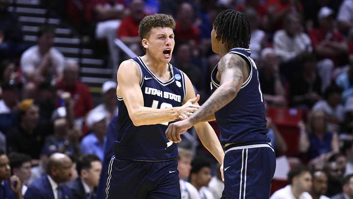 Utah State Aggies guard Mason Falslev.