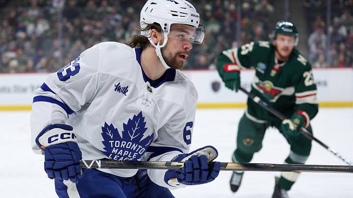 Mar 15, 2026; Saint Paul, Minnesota, USA; Toronto Maple Leafs forward Matias Maccelli skates for the puck against the Minnesota Wild at Grand Casino Arena. Mandatory Credit: Matt Krohn-Imagn Images