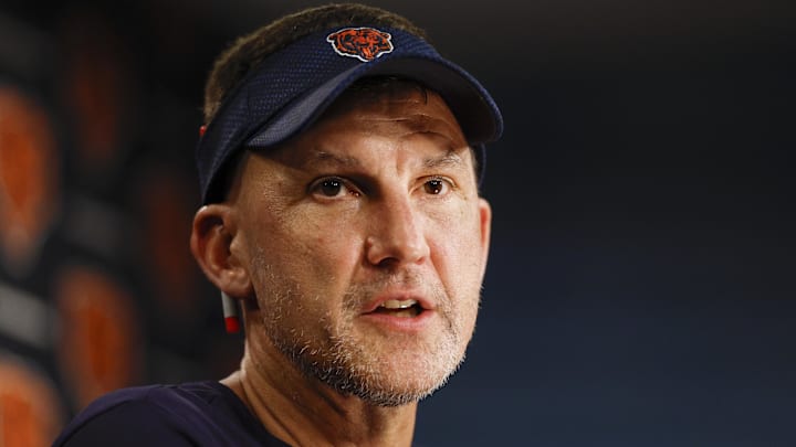 Jul 23, 2025; Lake Forest, IL, USA; Chicago Bears defensive coordinator Dennis Allen speaks during training camp at Halas Hall. Jul 23, 2025; Lake Forest, IL, USA; Chicago Bears defensive coordinator Dennis Allen speaks during training camp at Halas Hall.