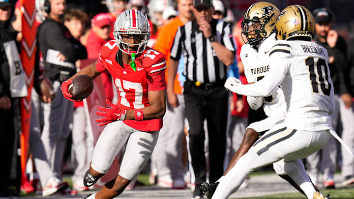 Ohio State Buckeyes wide receiver Carnell Tate (17) runs the ball in the second half at Ohio Stadium on Saturday, Nov. 9, 2024 in Columbus, Ohio.