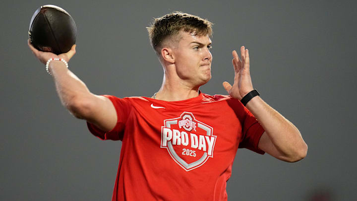 Ohio State Buckeyes quarterback Will Howard throws during the pro day for NFL scouts at the Woody Hayes Athletic Cente on March 26, 2025.