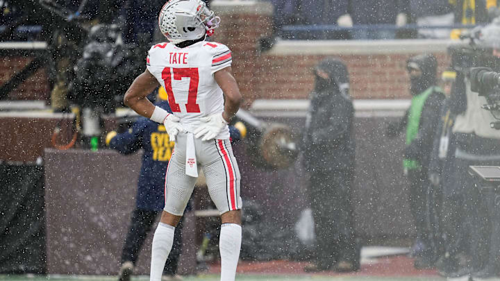 Ohio State Buckeyes wide receiver Carnell Tate (17) celebrates a touchdown catch during the NCAA football game against the Michigan Wolverines at Michigan Stadium in Ann Arbor, Mich. on Nov. 29, 2025. Ohio State won 27-9.