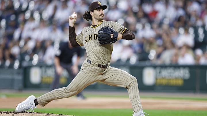 Sep 19, 2025; Chicago, Illinois, USA; San Diego Padres starting pitcher Dylan Cease (84) delivers a pitch against the Chicago White Sox during the first inning at Rate Field. Sep 19, 2025; Chicago, Illinois, USA; San Diego Padres starting pitcher Dylan Cease (84) delivers a pitch against the Chicago White Sox during the first inning at Rate Field.