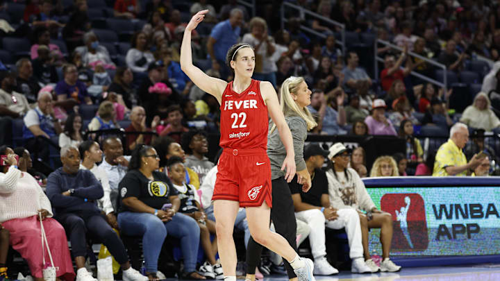 Aug 30, 2024; Chicago, Illinois, USA; Indiana Fever guard Caitlin Clark (22) reacts as she walks off the floor during the second half of a basketball game against the Chicago Sky at Wintrust Arena. Mandatory Credit: Kamil Krzaczynski-Imagn Images
