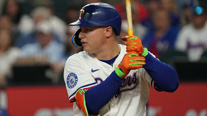 May 17, 2025; Arlington, Texas, USA; Texas Rangers first baseman Joc Pederson (4) bats during the second inning against the Houston Astros at Globe Life Field.