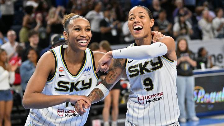 Aug 21, 2026; Chicago, Illinois, USA; Chicago Sky guard Sydney Taylor (12) celebrates the game winning three point shot with guard Natasha Cloud (9) against the Golden State Valkyries after the game at the Wintrust Arena. Mandatory Credit: Patrick Gorski-Imagn Images Aug 21, 2026; Chicago, Illinois, USA; Chicago Sky guard Sydney Taylor (12) celebrates the game winning three point shot with guard Natasha Cloud (9) against the Golden State Valkyries after the game at the Wintrust Arena. Mandatory Credit: Patrick Gorski-Imagn Images