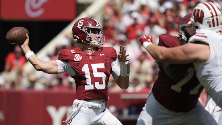 Sep 13, 2025; Tuscaloosa, Alabama, USA; Alabama quarterback Ty Simpson (15) passes against Wisconsin at Saban Field at Bryant-Denny Stadium Sep 13, 2025; Tuscaloosa, Alabama, USA; Alabama quarterback Ty Simpson (15) passes against Wisconsin at Saban Field at Bryant-Denny Stadium