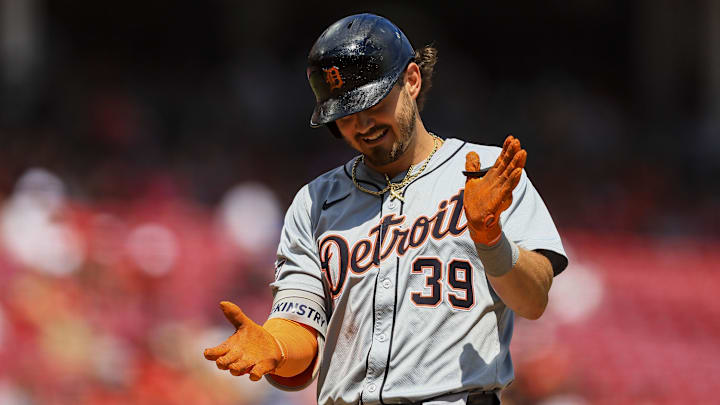 Jul 7, 2024; Cincinnati, Ohio, USA; Detroit Tigers shortstop Zach McKinstry (39) reacts after hitting a two-run home run in the eighth inning against the Cincinnati Reds at Great American Ball Park. Jul 7, 2024; Cincinnati, Ohio, USA; Detroit Tigers shortstop Zach McKinstry (39) reacts after hitting a two-run home run in the eighth inning against the Cincinnati Reds at Great American Ball Park.