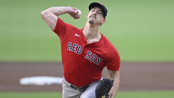 Aug 8, 2025; San Diego, California, USA; Boston Red Sox starting pitcher Walker Buehler (0) delivers during the first inning against the San Diego Padres at Petco Park. Mandatory Credit: Denis Poroy-Imagn Images