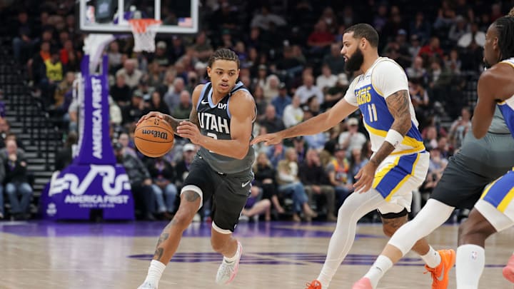 Nov 11, 2025; Salt Lake City, Utah, USA; Utah Jazz guard Keyonte George (3) controls the ball against the Indiana Pacers during the second quarter at Delta Center. Mandatory Credit: Chris Nicoll-Imagn Images