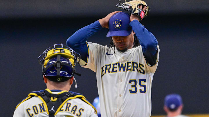 Mar 31, 2025; Milwaukee, Wisconsin, USA;  Milwaukee Brewers starting pitcher Elvin Rodriguez (35) reacts in the first inning against the Kansas City Royals at American Family Field. Mandatory Credit: Benny Sieu-Imagn Images