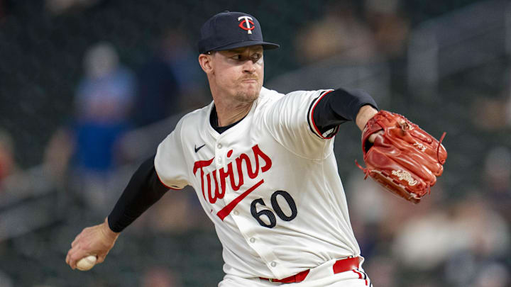 Sep 9, 2024; Minneapolis, Minnesota, USA; Minnesota Twins pitcher Scott Blewett (60) delivers a pitch against the Los Angeles Angels in the ninth inning at Target Field.