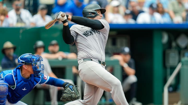 Jun 13, 2024; Kansas City, Missouri, USA; New York Yankees first baseman Anthony Rizzo (48) bats against the Kansas City Royals during the fifth inning at Kauffman Stadium. Mandatory Credit: Jay Biggerstaff-USA TODAY Sports Jun 13, 2024; Kansas City, Missouri, USA; New York Yankees first baseman Anthony Rizzo (48) bats against the Kansas City Royals during the fifth inning at Kauffman Stadium. Mandatory Credit: Jay Biggerstaff-USA TODAY Sports