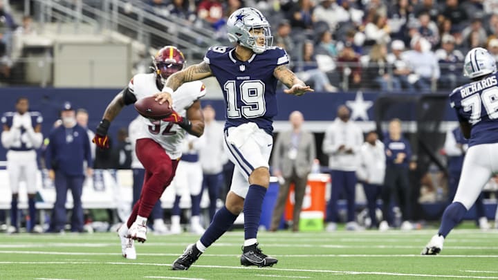 Dallas Cowboys quarterback Trey Lance throws during the second half against the Washington Commanders.