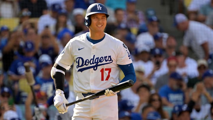 Oct 9, 2025; Los Angeles, California, USA; Los Angeles Dodgers designated hitter Shohei Ohtani (17) prepares to bat in the first inning against the Philadelphia Phillies during game four of the NLDS round for the 2025 MLB playoffs at Dodger Stadium. Mandatory Credit: Jayne Kamin-Oncea-Imagn Images