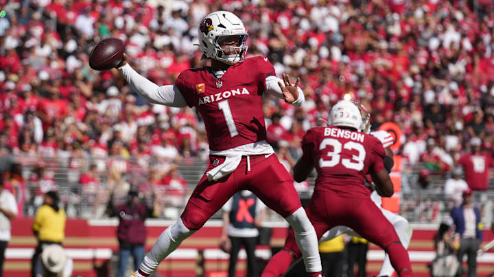 Sep 21, 2025; Santa Clara, California, USA; Arizona Cardinals quarterback Kyler Murray (1) throws downfield against the San Francisco 49ers during the second half at Levi's Stadium. Mandatory Credit: Cary Edmondson-Imagn Images