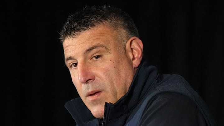 Feb 5, 2026; Santa Clara, CA, USA; New England Patriots head coach Mike Vrabel talks to media members at the Santa Clara Marriott. Mandatory Credit: Darren Yamashita-Imagn Images