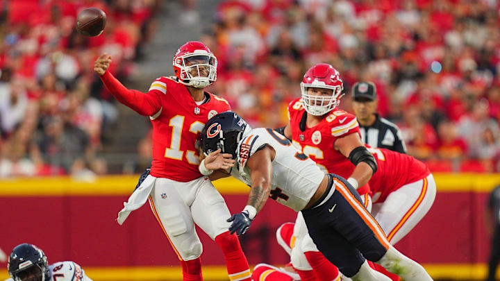 Austin Booker gets in a shot on former Chiefs quarterback Chris Oladokun during the Bears' preseason win. Austin Booker gets in a shot on former Chiefs quarterback Chris Oladokun during the Bears' preseason win.