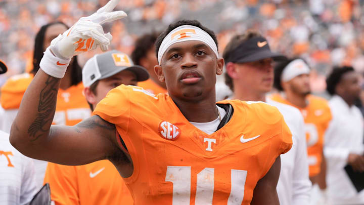 Tennessee wide receiver Braylon Staley (14) greets someone in the stands as he heads to the locker room at halftime of the NCAA college football game against ETSU on September 6, 2025, in Knoxville, Tennessee.