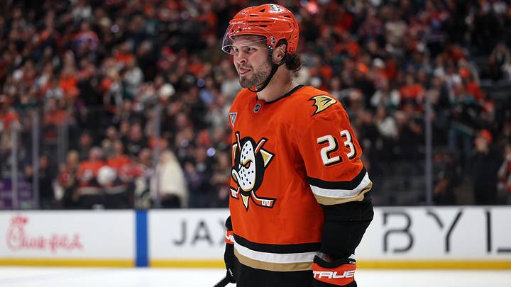 Apr 24, 2026; Anaheim, California, USA;  Anaheim Ducks center Mason McTavish (23) looks on during the second period against the Edmonton Oilers in game three of the first round of the 2026 Stanley Cup Playoffs at Honda Center. Mandatory Credit: Kiyoshi Mio-Imagn Images