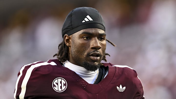 Oct 11, 2025; College Station, Texas, USA; Texas A&M Aggies running back Le'Veon Moss (8) looks on prior to the game against the Florida Gators at Kyle Field. Mandatory Credit: Maria Lysaker-Imagn Images 