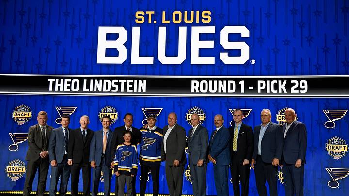 Jun 28, 2023; Nashville, Tennessee, USA; St. Louis Blues draft pick Theo Lindstein stands with Blues staff after being selected with the twenty ninth pick in round one of the 2023 NHL Draft at Bridgestone Arena. Mandatory Credit: Christopher Hanewinckel-Imagn Images