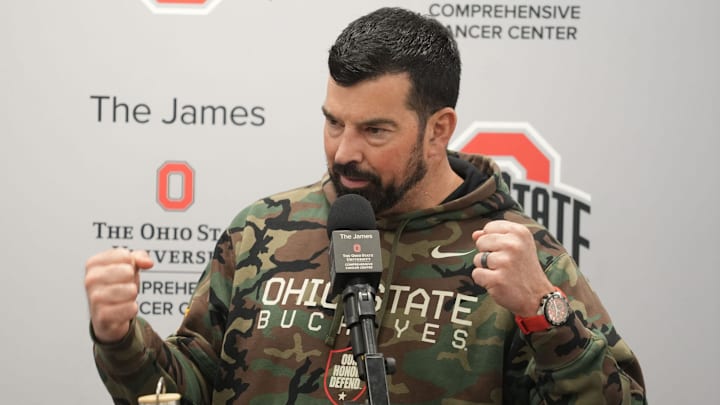 Ohio State Football coach Ryan Day gestures during an April 7, 2025 news conference at the Woody Hayes Athletic Center.