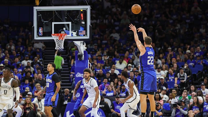 Orlando Magic forward Franz Wagner (22) shoots a three-point basket during the second quarter against the Brooklyn Nets at Kia Center. Orlando Magic forward Franz Wagner (22) shoots a three-point basket during the second quarter against the Brooklyn Nets at Kia Center.