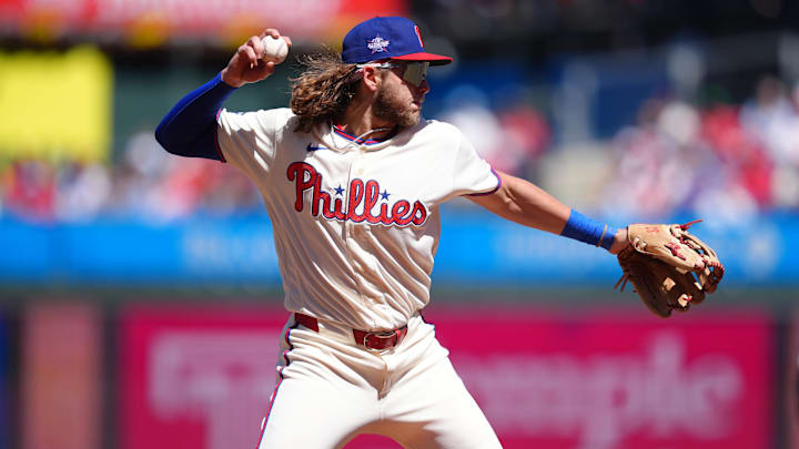 Philadelphia Phillies infielder Alec Bohm throwing the ball