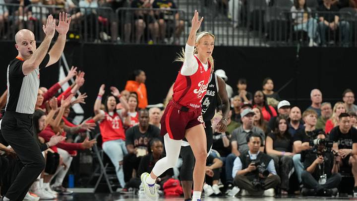 Jul 5, 2026; Las Vegas, Nevada, USA; Indiana Fever guard Sophie Cunningham (8) celebrates hitting a 3-pointer against the Las Vegas Aces in the first quarter of their game at T-Mobile Arena. Mandatory Credit: Candice Ward-Imagn Images Jul 5, 2026; Las Vegas, Nevada, USA; Indiana Fever guard Sophie Cunningham (8) celebrates hitting a 3-pointer against the Las Vegas Aces in the first quarter of their game at T-Mobile Arena. Mandatory Credit: Candice Ward-Imagn Images