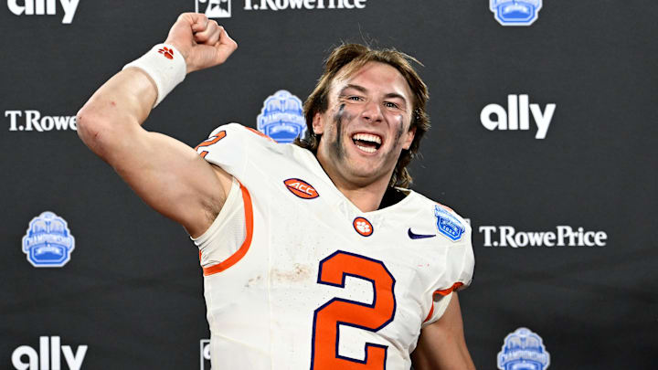 Dec 7, 2024; Charlotte, NC, USA; Clemson Tigers quarterback Cade Klubnik (2) celebrates after winning the 2024 ACC Championship game against the Southern Methodist Mustangs at Bank of America Stadium.