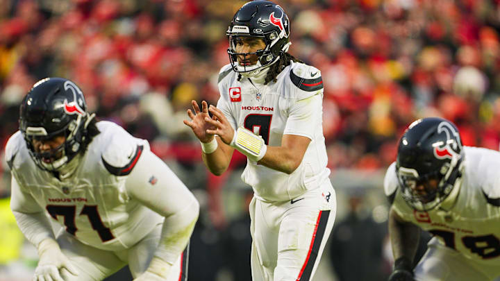 Houston Texans quarterback C.J. Stroud (7) gets ready before the snap during the second half against the Kansas City Chiefs in a 2025 AFC divisional round game at GEHA Field at Arrowhead Stadium.