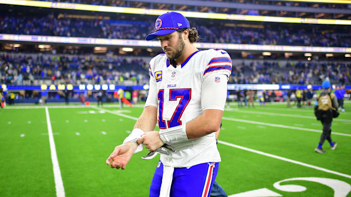 Dec 8, 2024; Inglewood, California, USA; Buffalo Bills quarterback Josh Allen (17) reacts following the loss against the Los Angeles Rams at SoFi Stadium. Dec 8, 2024; Inglewood, California, USA; Buffalo Bills quarterback Josh Allen (17) reacts following the loss against the Los Angeles Rams at SoFi Stadium.