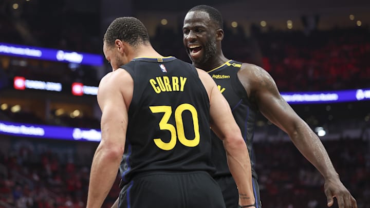 May 4, 2025; Houston, Texas, USA; Golden State Warriors forward Draymond Green (23) celebrates with guard Stephen Curry (30) during game seven of the first round for the 2025 NBA Playoffs against the Houston Rockets at Toyota Center. Mandatory Credit: Troy Taormina-Imagn Images May 4, 2025; Houston, Texas, USA; Golden State Warriors forward Draymond Green (23) celebrates with guard Stephen Curry (30) during game seven of the first round for the 2025 NBA Playoffs against the Houston Rockets at Toyota Center. Mandatory Credit: Troy Taormina-Imagn Images