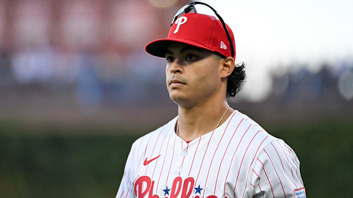 Oct 6, 2025; Philadelphia, Pennsylvania, USA; Philadelphia Phillies pitcher Jesús Luzardo (44) walks to the dugout prior to game two of the NLDS round against the Los Angeles Dodgers for the 2025 MLB playoffs at Citizens Bank Park.