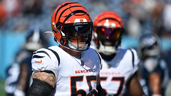 Oct 1, 2023; Nashville, Tennessee, USA; Cincinnati Bengals linebacker Logan Wilson (55) and linebacker Germaine Pratt (57) warm up before the game against the Tennessee Titans at Nissan Stadium. Mandatory Credit: Christopher Hanewinckel-Imagn Images