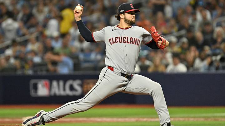 Oct 13, 2026: Cleveland Guardians pitcher Slade Cecconi (44) throws a pitch against the Tampa Bay Rays in the eighth inning during game two of the ALCS for the 2026 MLB Playoffs at Tropicana Field. Credit: Jonathan Dyer-Imagn Images