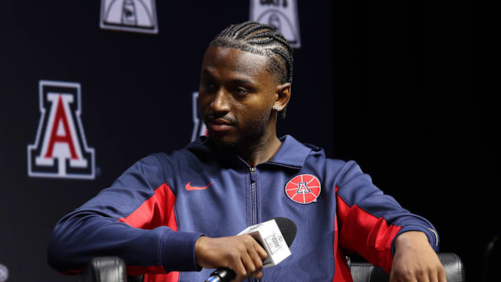 Oct 22, 2025; Kansas City, MO, USA; Arizonas Jaden Bradley speaks to media during Big 12 Menís Basketball media day at T-Mobile Center. Mandatory Credit: Sophia Scheller-Imagn Images Oct 22, 2025; Kansas City, MO, USA; Arizonas Jaden Bradley speaks to media during Big 12 Menís Basketball media day at T-Mobile Center. Mandatory Credit: Sophia Scheller-Imagn Images