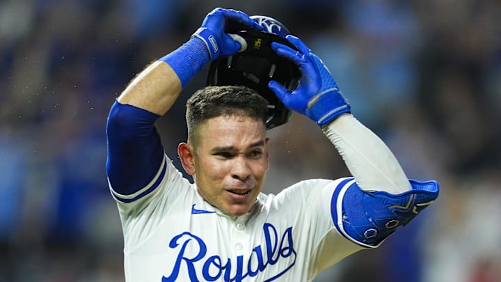 Apr 22, 2025; Kansas City, Missouri, USA; Kansas City Royals catcher Freddy Fermin (34) celebrates after hitting a walk-off single during the eleventh inning against the Colorado Rockies at Kauffman Stadium. Mandatory Credit: Jay Biggerstaff-Imagn Images