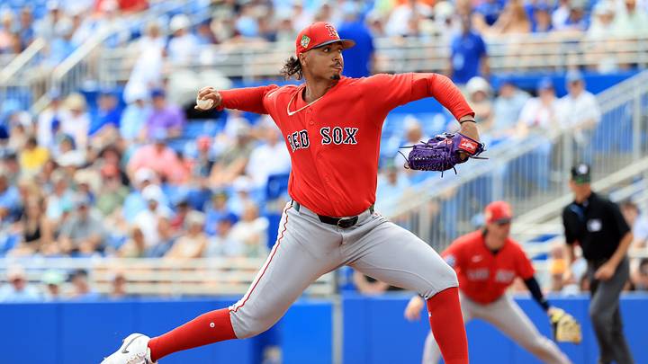 Mar 2, 2026; Dunedin, Florida, USA;  Boston Red Sox starting pitcher Johan Oviedo (29) throws a pitch during the first inning against the Toronto Blue Jays at TD Ballpark. Mandatory Credit: Kim Klement Neitzel-Imagn Images
