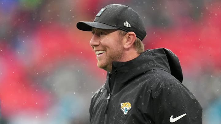 Oct 19, 2025; London, United Kingdom; Jacksonville Jaguars head coach Liam Coen looks on during warmups before a NFL International Series game between the Los Angeles Rams and the Jacksonville Jaguars at Wembley Stadium. Mandatory Credit: Kirby Lee-Imagn Images