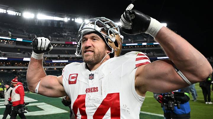 Jan 11, 2026; Philadelphia, PA, USA; San Francisco 49ers fullback Kyle Juszczyk (44) leaves the field after an NFC Wild Card Round game against the Philadelphia Eagles at Lincoln Financial Field. Mandatory Credit: Eric Hartline-Imagn Images Jan 11, 2026; Philadelphia, PA, USA; San Francisco 49ers fullback Kyle Juszczyk (44) leaves the field after an NFC Wild Card Round game against the Philadelphia Eagles at Lincoln Financial Field. Mandatory Credit: Eric Hartline-Imagn Images