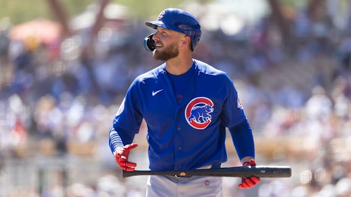 Mar 13, 2026; Phoenix, Arizona, USA; Chicago Cubs designated hitter Michael Busch against the Chicago White Sox during a spring training game at Camelback Ranch-Glendale. Mandatory Credit: Mark J. Rebilas-Imagn Images