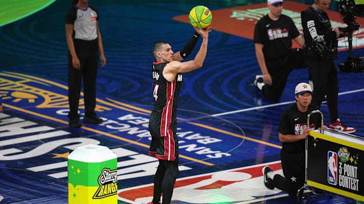 Miami Heat guard Tyler Herro competes in the NBA three-point contest. Miami Heat guard Tyler Herro competes in the NBA three-point contest.