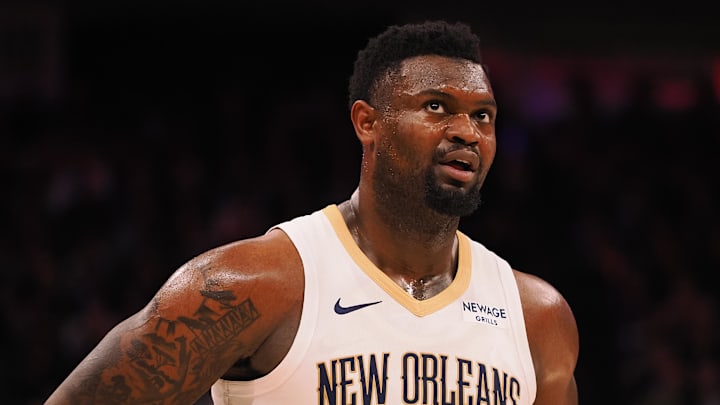 Feb 8, 2025; Sacramento, California, USA; New Orleans Pelicans forward Zion Williamson (1) between plays against the Sacramento Kings during the third quarter at Golden 1 Center. Mandatory Credit: Kelley L Cox-Imagn Images Feb 8, 2025; Sacramento, California, USA; New Orleans Pelicans forward Zion Williamson (1) between plays against the Sacramento Kings during the third quarter at Golden 1 Center. Mandatory Credit: Kelley L Cox-Imagn Images
